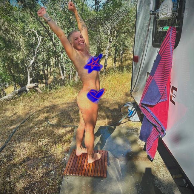 Pink posa desnuda mientras se da una ducha al aire libre.