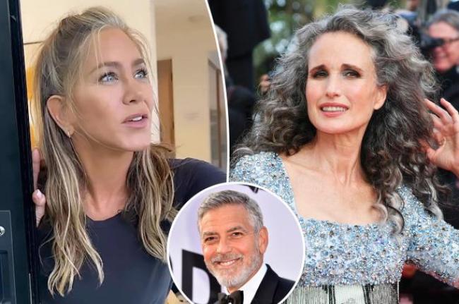 Jennifer Aniston, Andie MacDowell y George Clooney con canas