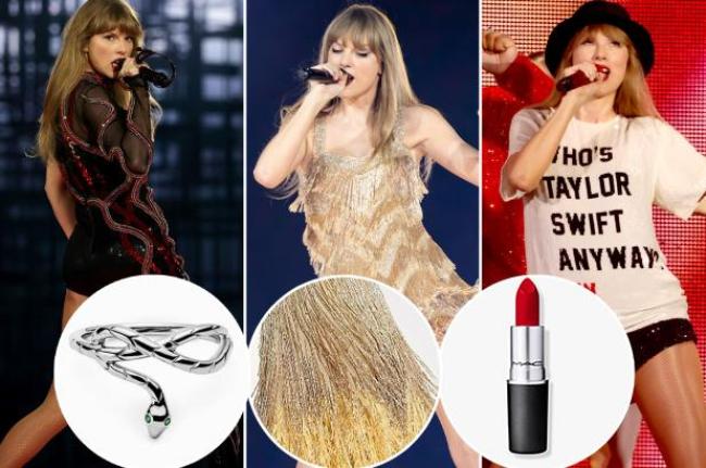 Taylor Swift actuando en el escenario con tres atuendos diferentes, con inserciones de un anillo en forma de serpiente, un vestido dorado y lápiz labial rojo.