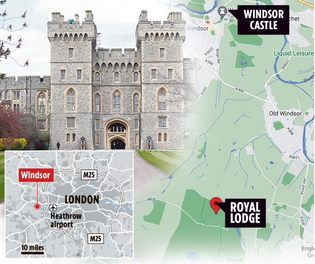 Un mapa muestra que Royal Lodge se encuentra fuera del límite de seguridad del Castillo de Windsor.