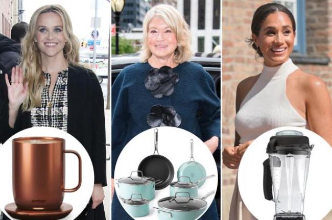 Reese Witherspoon, Martha Stewart y Meghan Markle con inserciones de una taza, sartenes y una licuadora