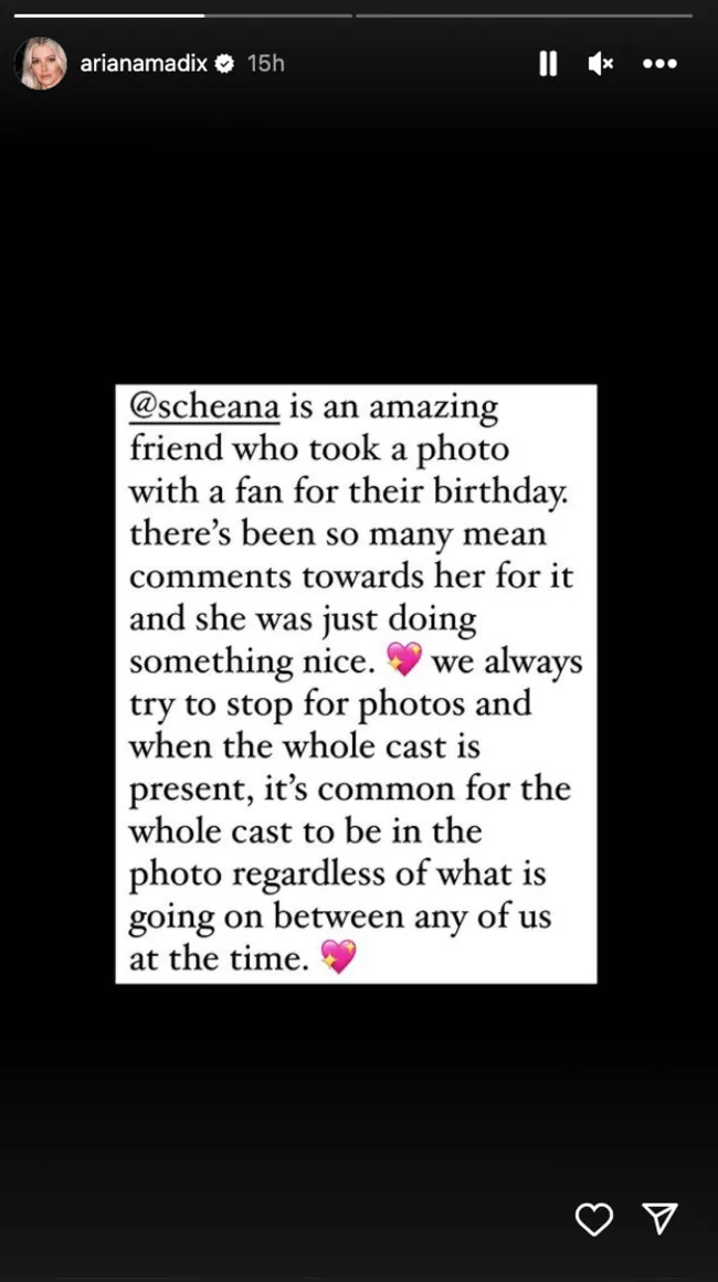“@scheana es una amiga increíble que se tomó una foto con una fan para su cumpleaños”, escribió Madix.