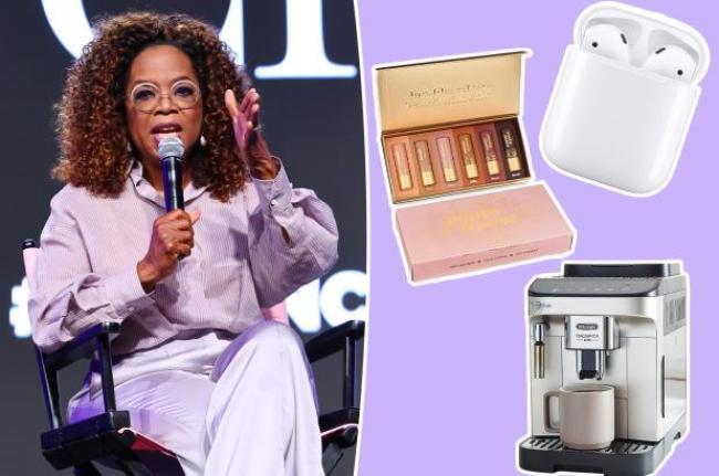 Oprah con inserciones de brillo labial, una cafetera y AirPods