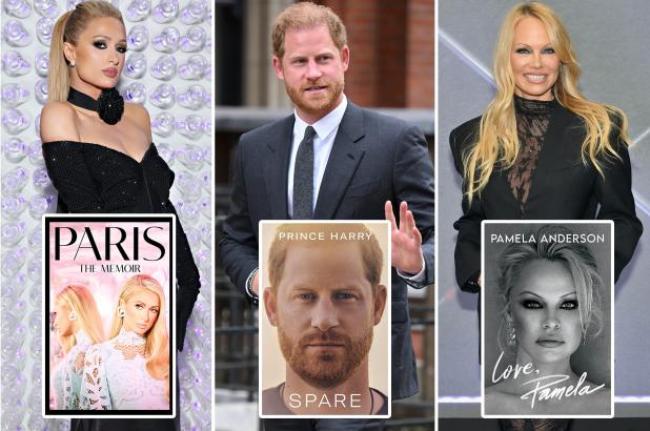 El príncipe Harry, Paris Hilton y Pamela Anderson con recuadros de sus memorias