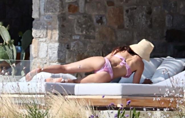 Barroso tomó el sol en un bikini rosa con un sombrero de paja.