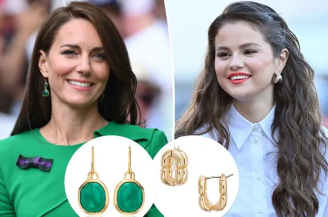 Kate Middleton y Selena Gomez con incrustaciones de aretes verdes y dorados