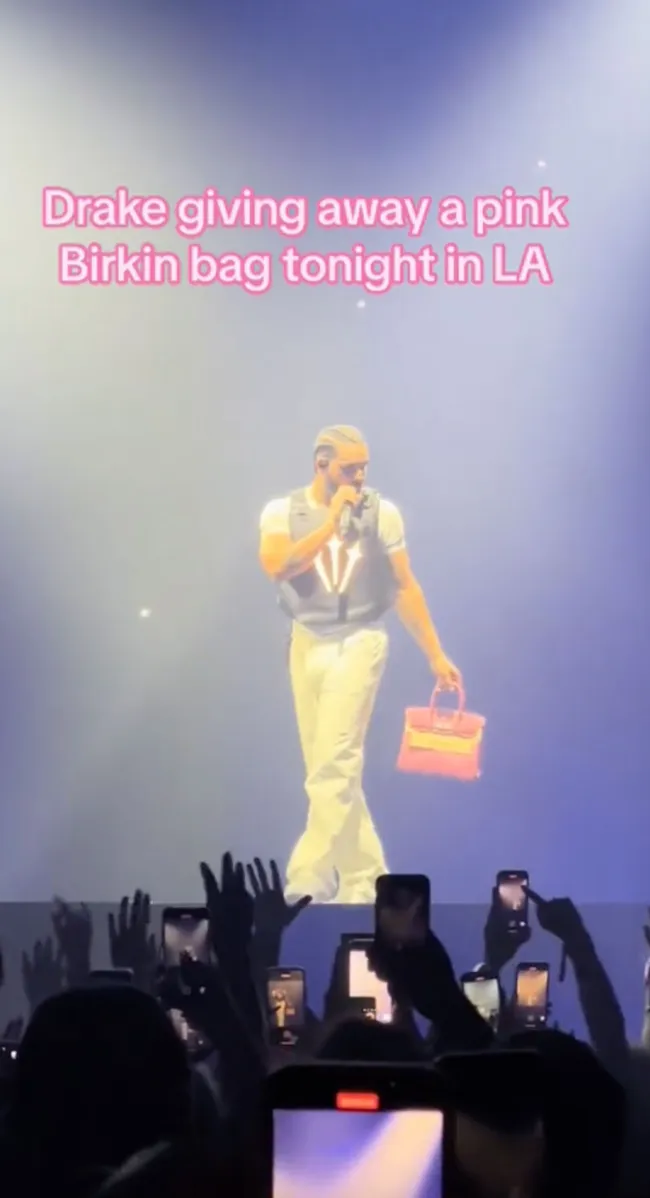 Drake sorprendió a los fanáticos el miércoles por la noche al sacar una bolsa Birkin al escenario.