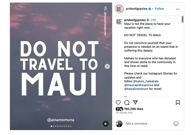 Momoa insistió en su publicación: “No viajes a Maui”.