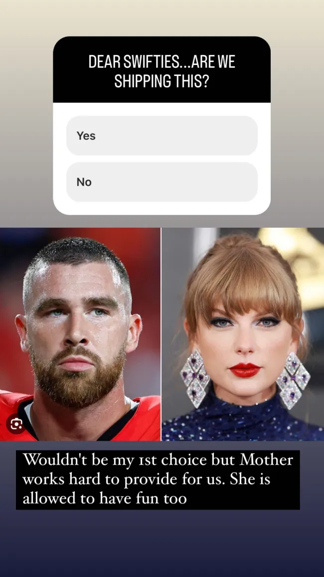 En su historia de Instagram, el confeso Swiftie publicó una encuesta preguntando a los fanáticos si “envían” la rumoreada pareja.