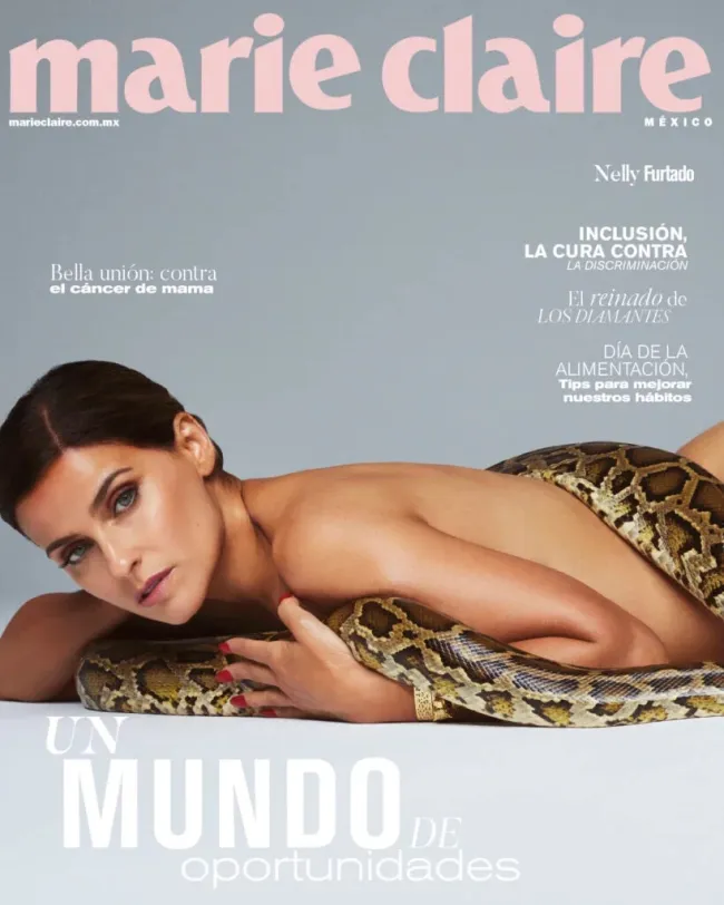 La estrella desnuda... ¡con una serpiente! — para la portada de la edición de octubre de Marie Claire México.