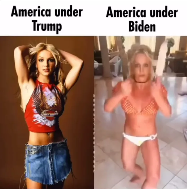 El meme con carga política incluía una foto de Spears junto con una imagen de su reciente video bailando con cuchillos.