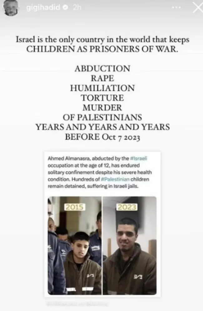 La publicación, eliminada desde entonces, afirmaba que Israel era el “único país del mundo que mantiene a niños como prisioneros de guerra”.Gigi Hadid/Instagram