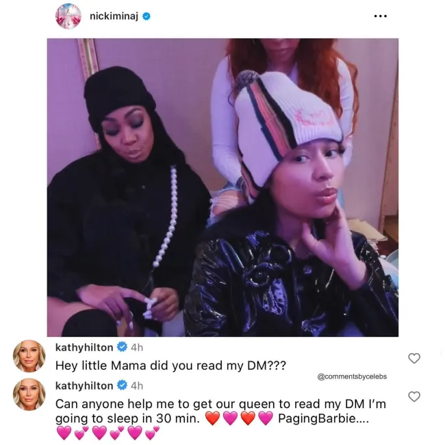 Hilton se refirió a la rapera de “Super Bass” como “pequeña mamá” en uno de sus comentarios.comentariosporcelebs/Instagram