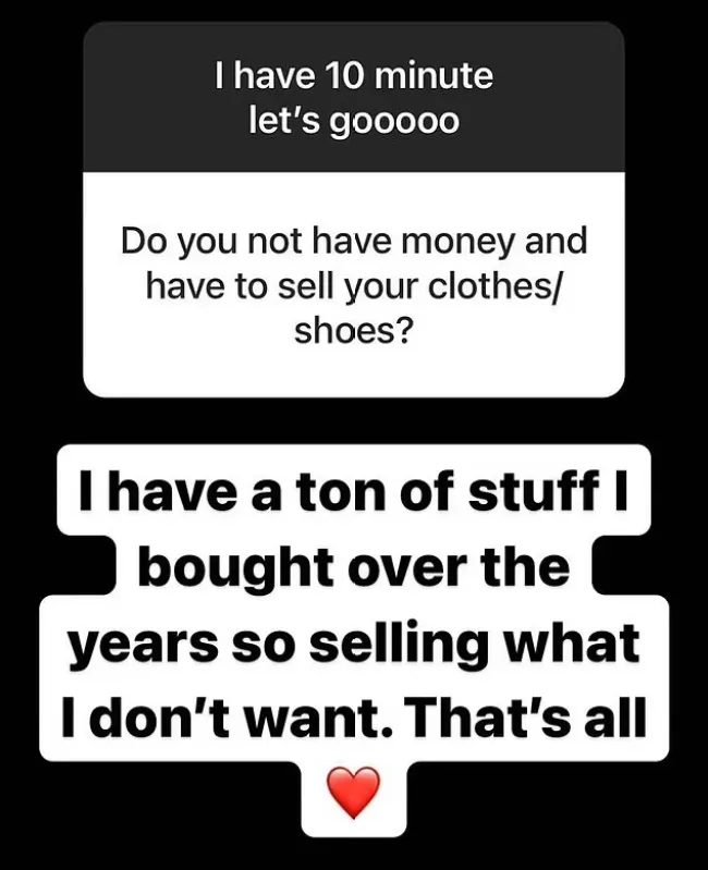 captura de pantalla de la historia de Instagram de Kim Zolciak que explica por qué está vendiendo sus cosas