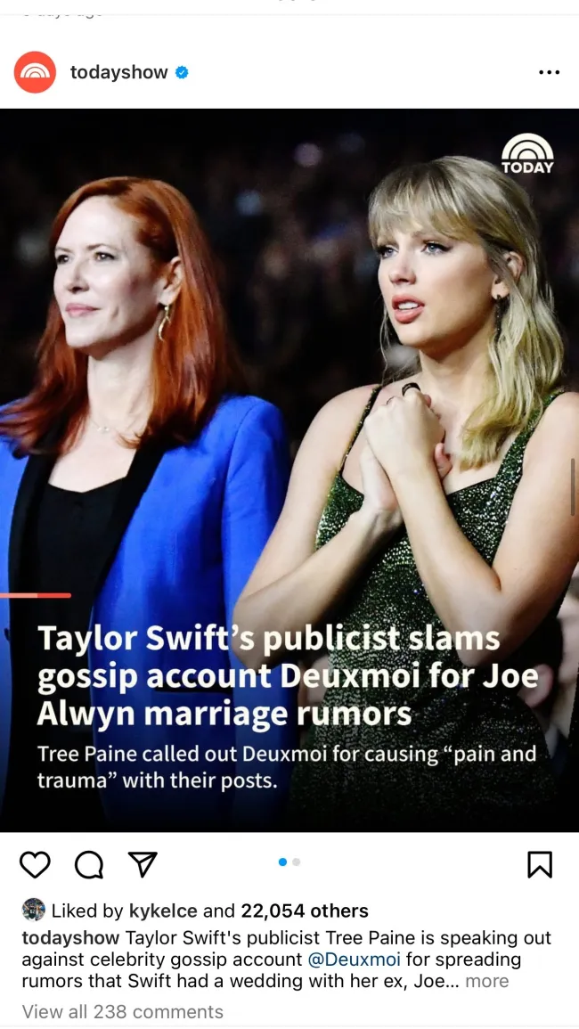 La publicación trataba sobre el publicista de Swift apagando los rumores sobre la vida amorosa de la cantante.@todayshow en Instagram.