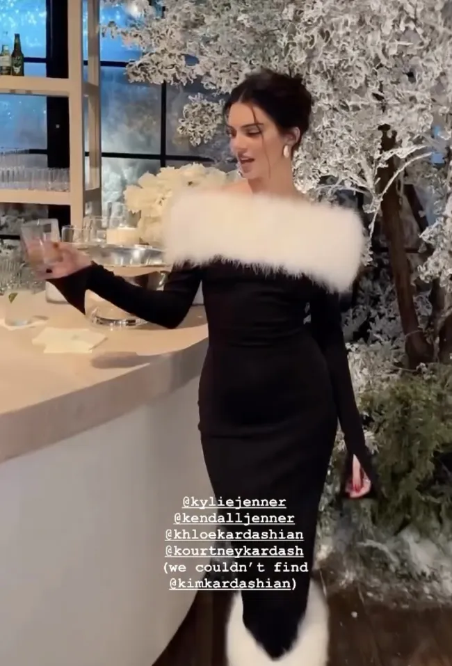 Kendall Jenner con vestido de terciopelo negro con ribete de plumas blancas