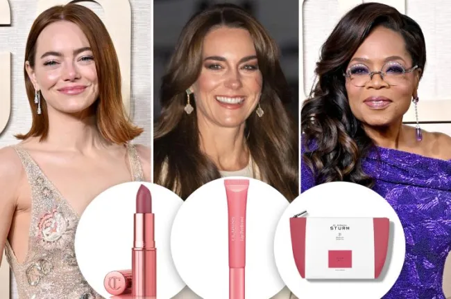 Emma Stone, Kate Middleton y Oprah con inserciones de productos de belleza rosas