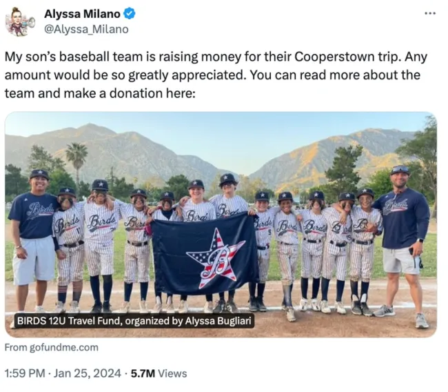 captura de pantalla que muestra el tweet de alyssa milano pidiendo a la gente que donen para el equipo de béisbol de su hijo (también en la foto)