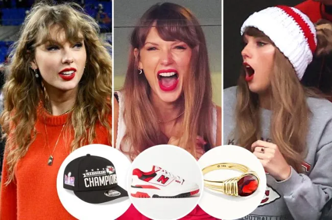 Taylor Swift en los juegos de los Chiefs con inserciones de sombrero, zapatillas y anillo