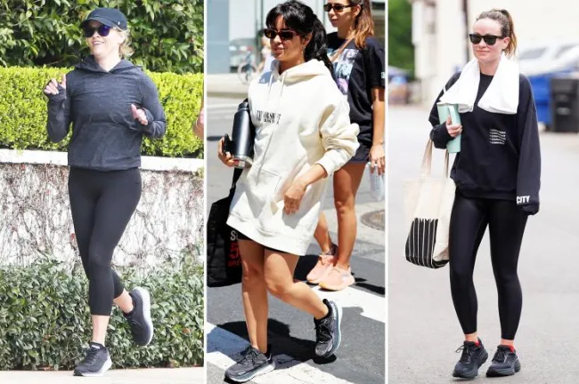Una imagen dividida de Reese Witherspoon, Camila Cabello y Olivia Wilde, todas con zapatillas Hoka