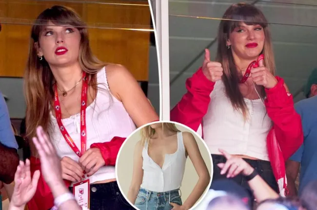 Taylor Swift en el juego de los Chiefs con una camiseta blanca sin mangas, con un inserto en la parte superior