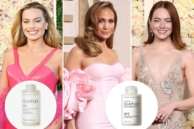 Margot Robbie, Jennifer Lopez y Emma Stone en la alfombra roja de los Globos de Oro, con inserciones de dos botellas de Olaplex