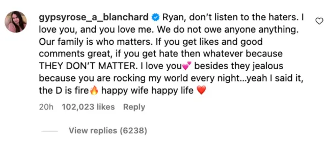 Captura de pantalla del intercambio de Gypsy Rose Blanchard y su esposo Ryan Anderson en Instagram