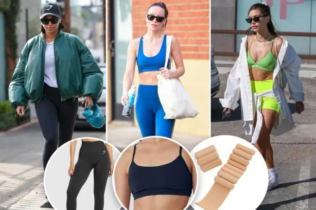 Lori Harvey, Olivia Wilde y Hailey Bieber usan mallas, con inserciones de mallas, un sostén deportivo y brazaletes con peso.