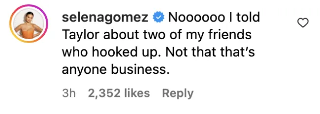 Captura de pantalla de un comentario de Selena Gomez en Instagram