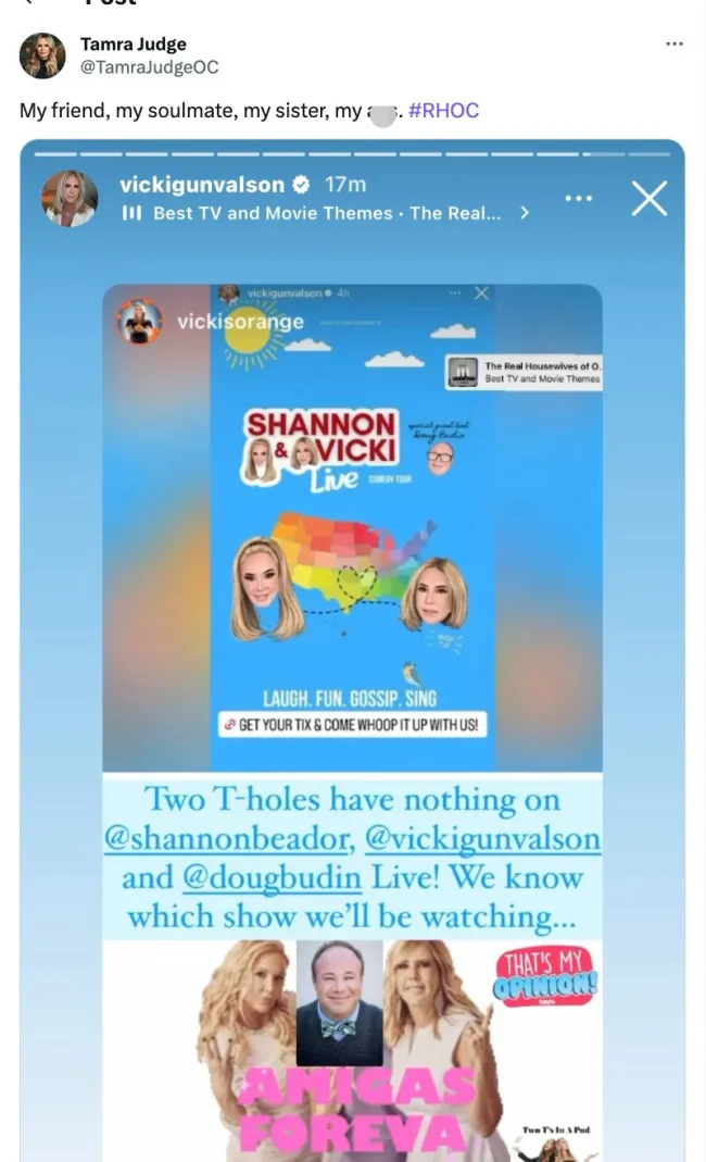 Una captura de pantalla del tweet de Tamra Judge sobre Vicki Gunvalson y Shannon Beador