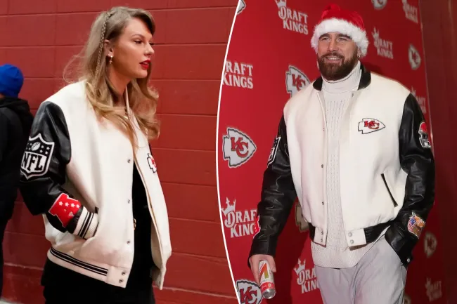 Taylor Swift y Travis Kelce con chaquetas a juego