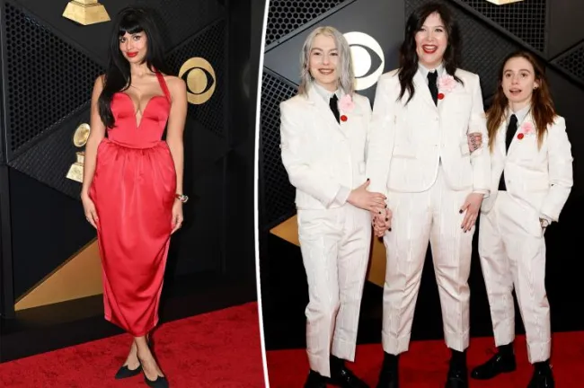 Jameela Jamil, Phoebe Bridgers, Lucy Dacus y Julien Baker en la alfombra roja de los Grammy 2024.