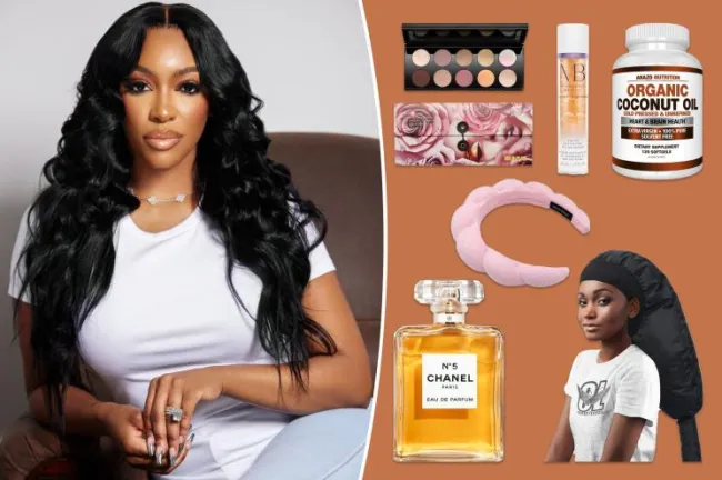 Porsha Williams Guobadia con inserciones de Chanel No. 5, un accesorio para secador de pelo, una diadema de spa, suplementos de aceite de coco, suero y sombra de ojos