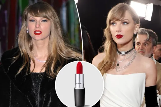 Una división de dos fotos de Taylor Swift con un recuadro de lápiz labial rojo