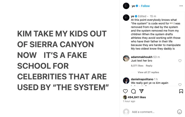 Publicación de Kanye West en Instagram.