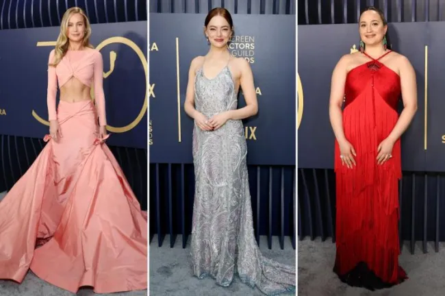 Brie Larson, Emma Stone y Lily Gladstone en la alfombra roja de los SAG Awards 2024