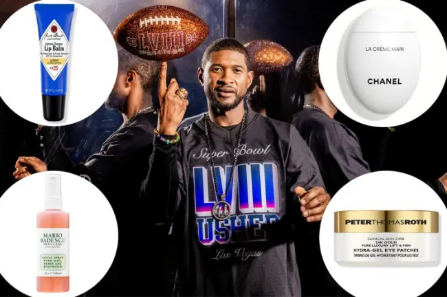 Usher balanceando una pelota de fútbol en su dedo con inserciones de productos para el cuidado de la piel