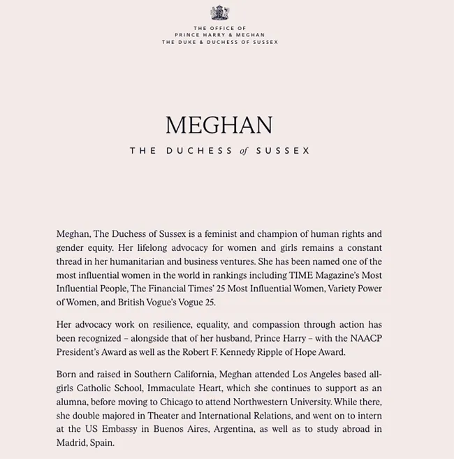 La biografía de Meghan Markle en su nuevo sitio web.