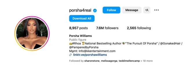 Una captura de pantalla de la página de Instagram de Porsha Williams.
