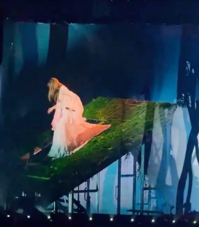 Taylor Swift bajando las escaleras de un tejado (concierto)