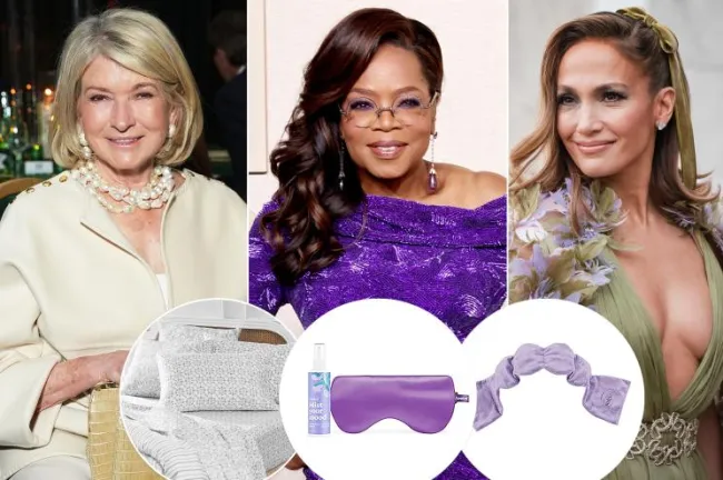 Una imagen dividida en tres de Martha Stewart, Oprah y Jennifer Lopez con inserciones de productos para dormir.