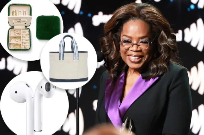 Oprah con inserciones de un bolso, auriculares y un joyero.