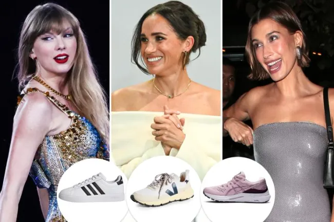 Taylor Swift, Meghan Markle y Hailey Bieber con inserciones de tres pares de zapatillas