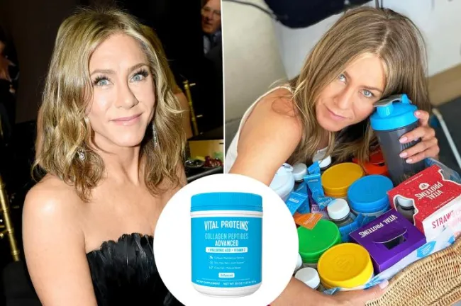 Jennifer Aniston sosteniendo una canasta de productos Vital Proteins con una botella de péptidos de colágeno insertada