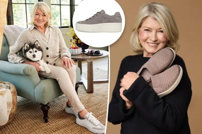 Martha Stewart sosteniendo zapatillas Skechers