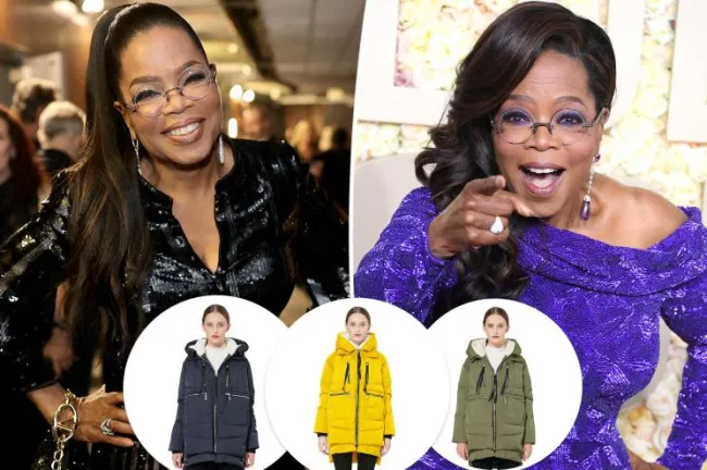 Oprah con inserciones de tres modelos con abrigos.