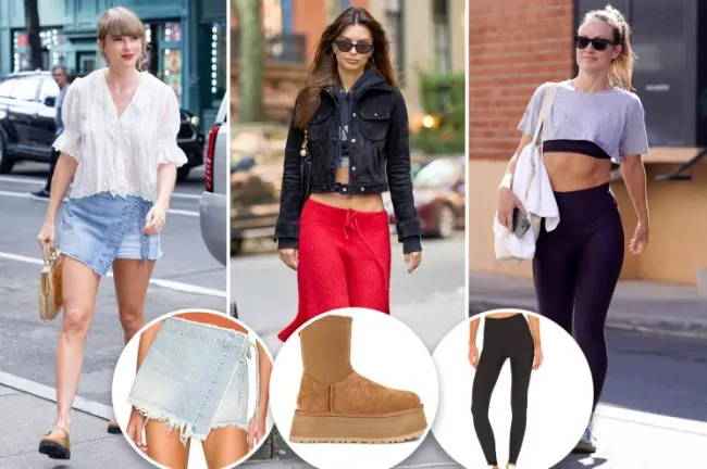 Taylor Swift Emily Ratajkowski y Olivia Wilde con inserciones de falda, botas Ugg y leggings