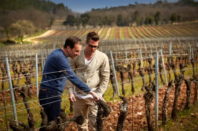 Brad Pitt y Marc Perrin visitan los viñedos del Château Miraval.
