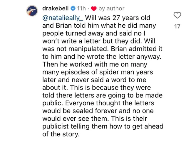 Comentario de Drake Bell en Instagram.