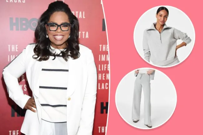 Oprah con inserciones de dos estilos de ropa de estar por casa Spanx en gris jaspeado
